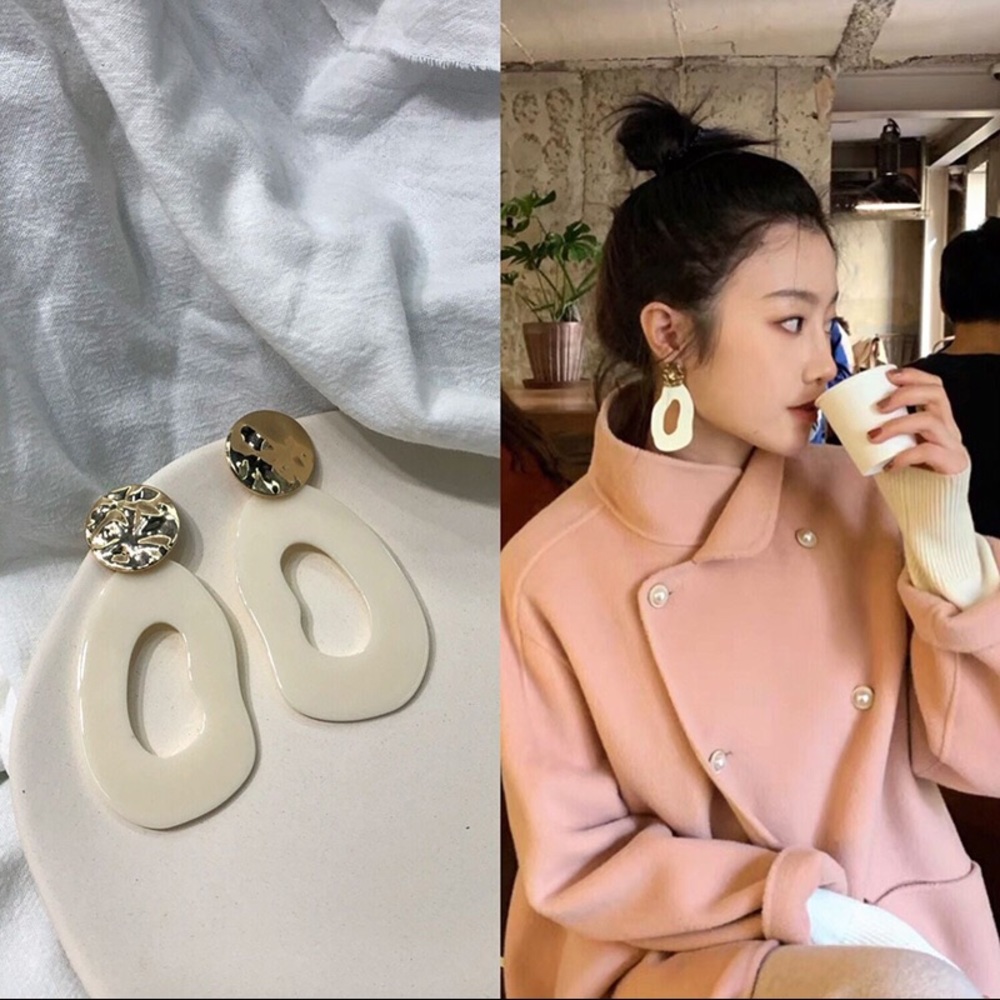 White Gold Asymmetric Statement Drop Earrings - Picture 4 of 6